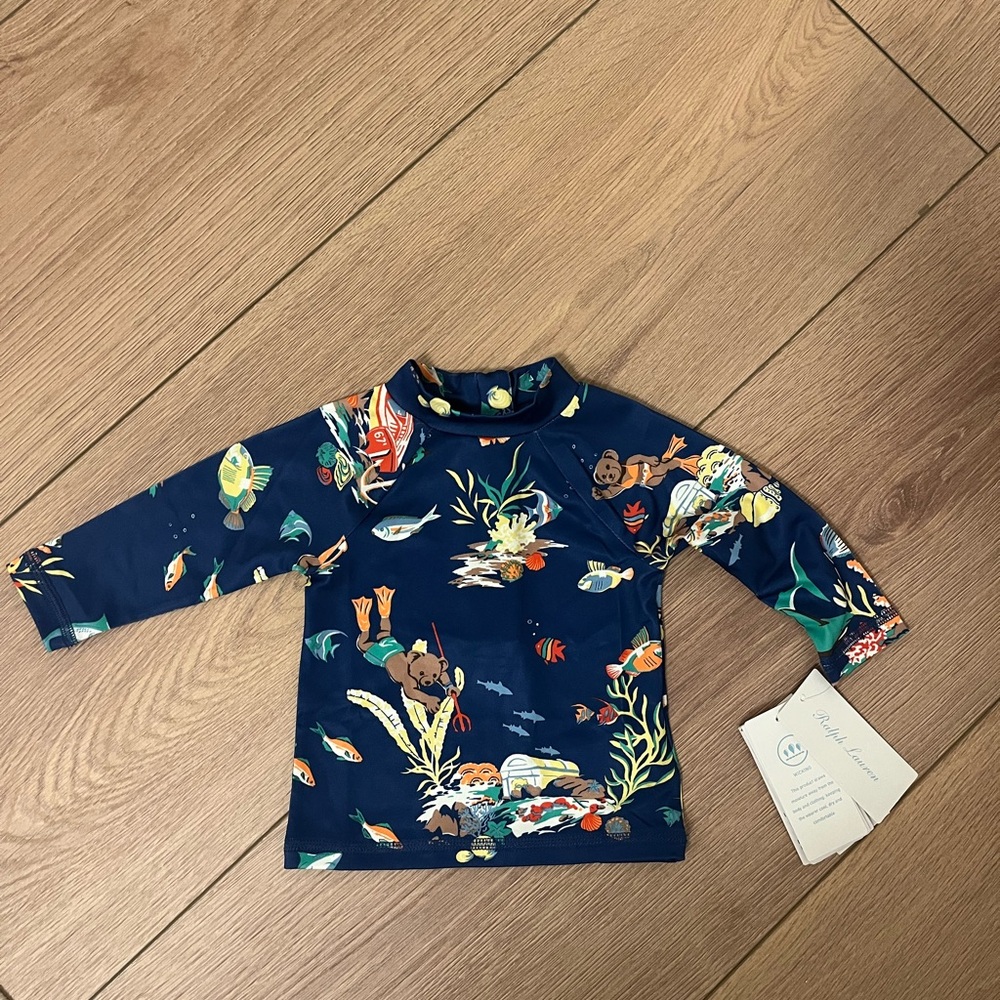 NWT! Ralph Lauren Navy Baby Swim Rashguard with Ocean Adventure Print